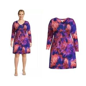 Terra & Sky Woman Knit Swing Dress Size 3X Long Sleeve Purple & Coral Knit